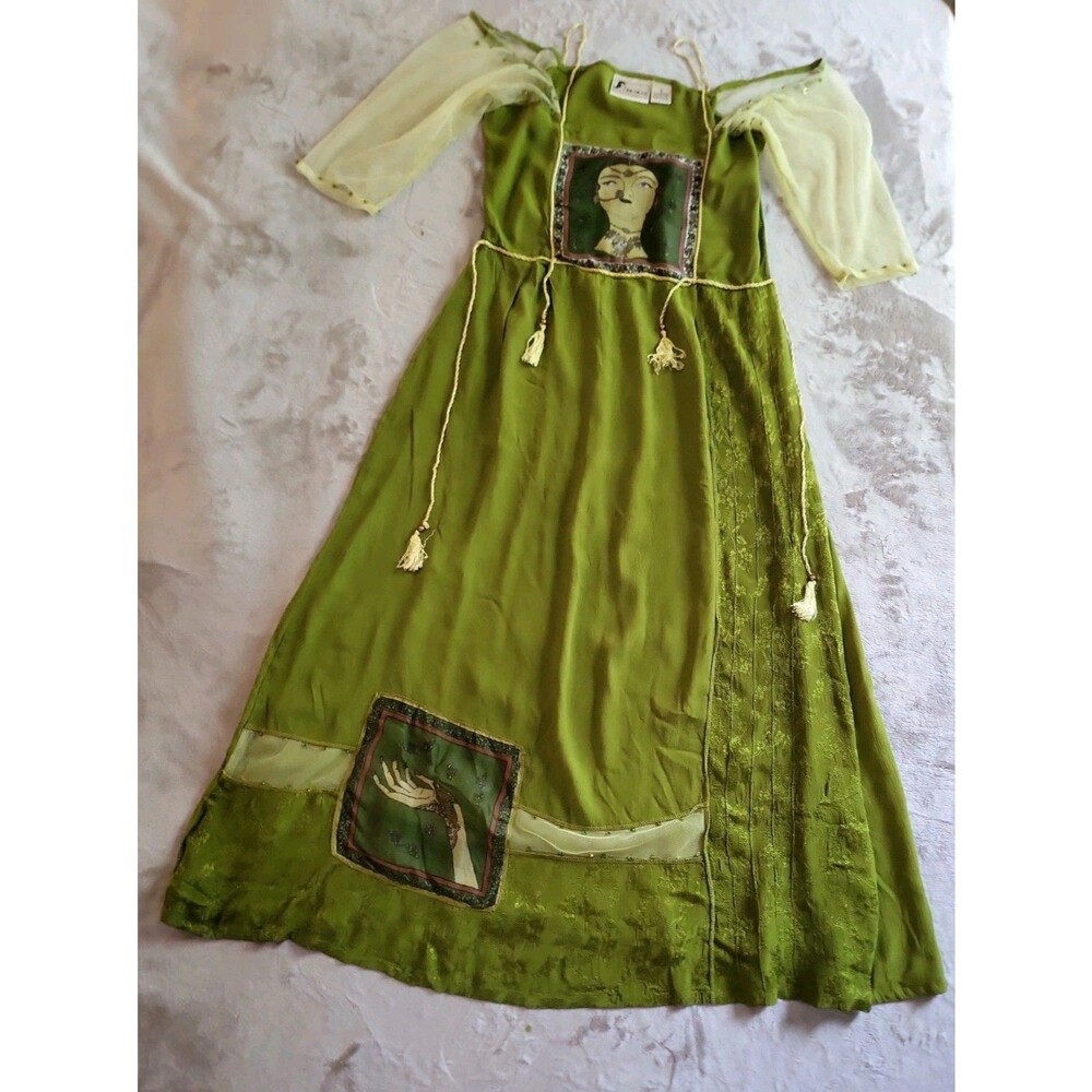Nataya Bohemian Green Dress Small Artistic Print Patchwork Bead Whimsical Mystic